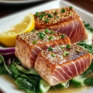 Grilled Ahi Tuna steak with garnishes on a plate