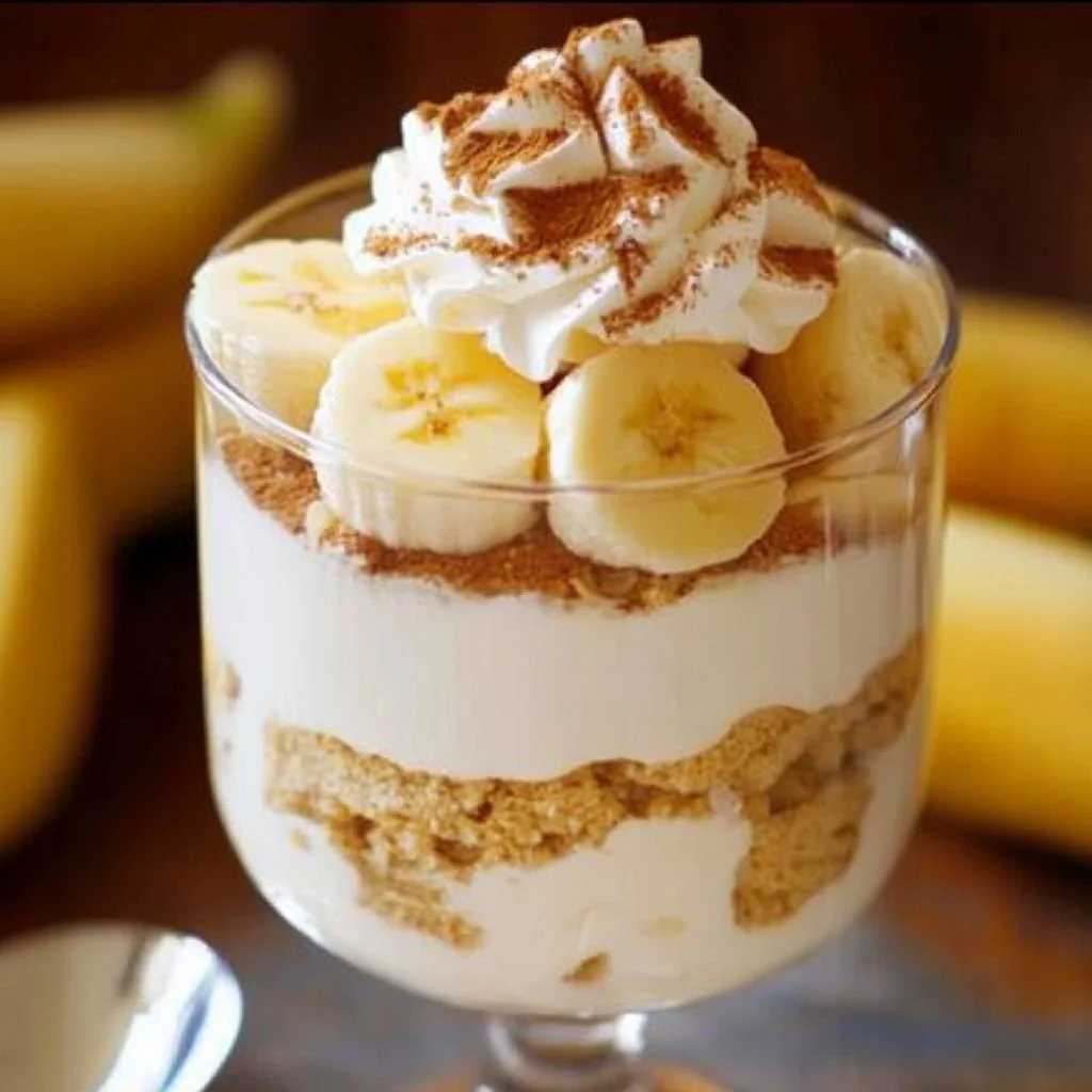 Delicious homemade banana pudding in a glass bowl with sliced bananas and whipped cream