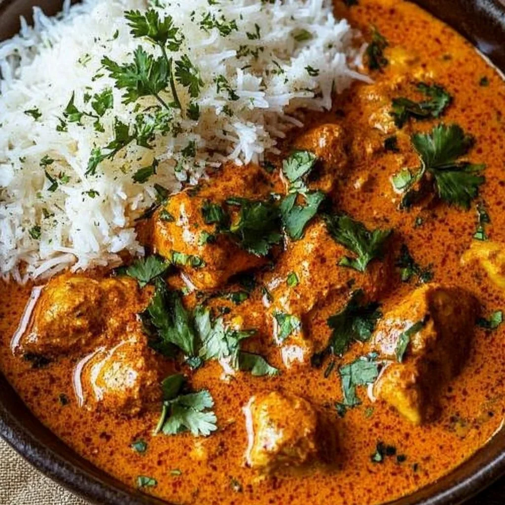 A plate of creamy butter chicken served with rice and cilantro garnish.