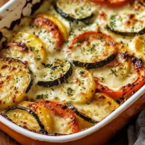 Cheesy root vegetable gratin with layers of colorful root vegetables and melted cheese
