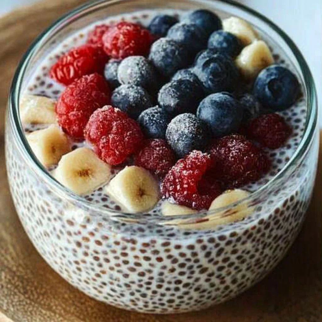 Delicious chia seed pudding served in a bowl with fresh berries and mint leaves