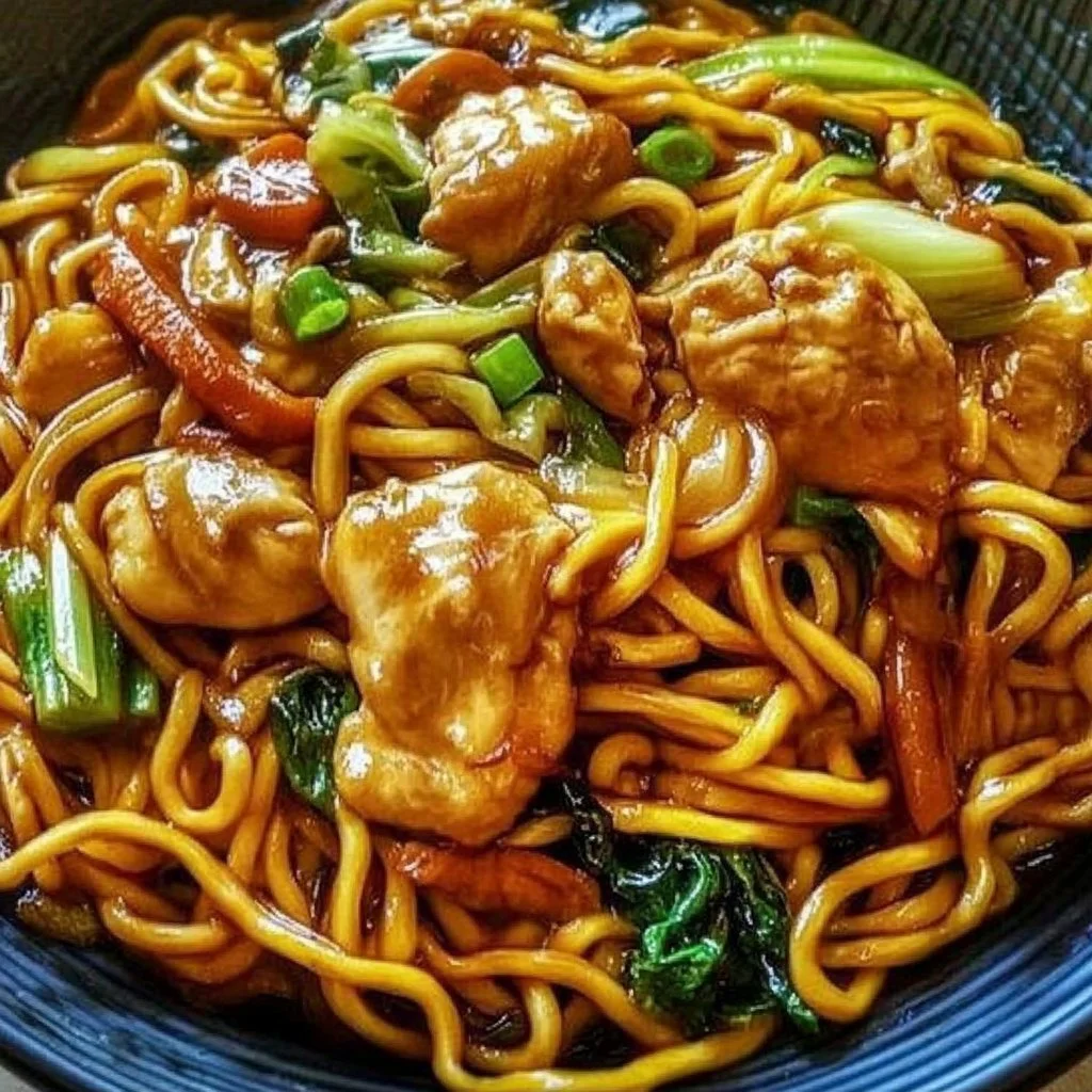 Delicious Chicken Chow Mein served with vegetables and chicken on a plate