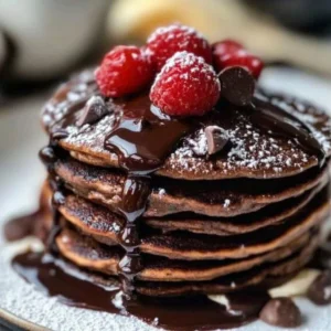 Delicious chocolate pancakes stacked with syrup and berries