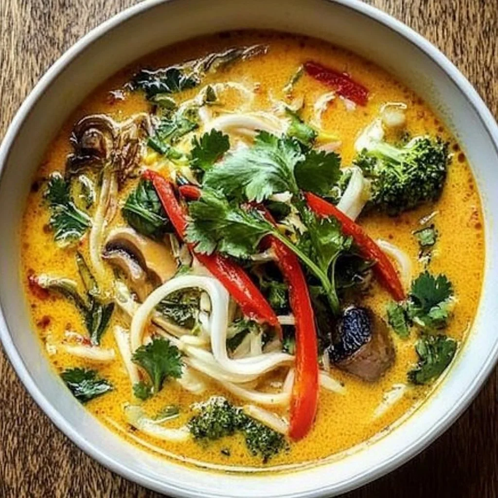 Bowl of coconut curry soup with vegetables and fresh herbs