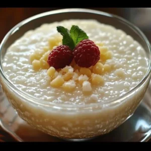 Delicious coconut tapioca pudding topped with fresh coconut flakes in a bowl.