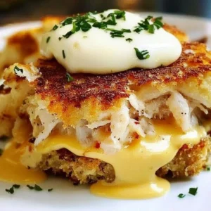 Delicious Crab Cake Benedict served on a plate with poached eggs and hollandaise sauce