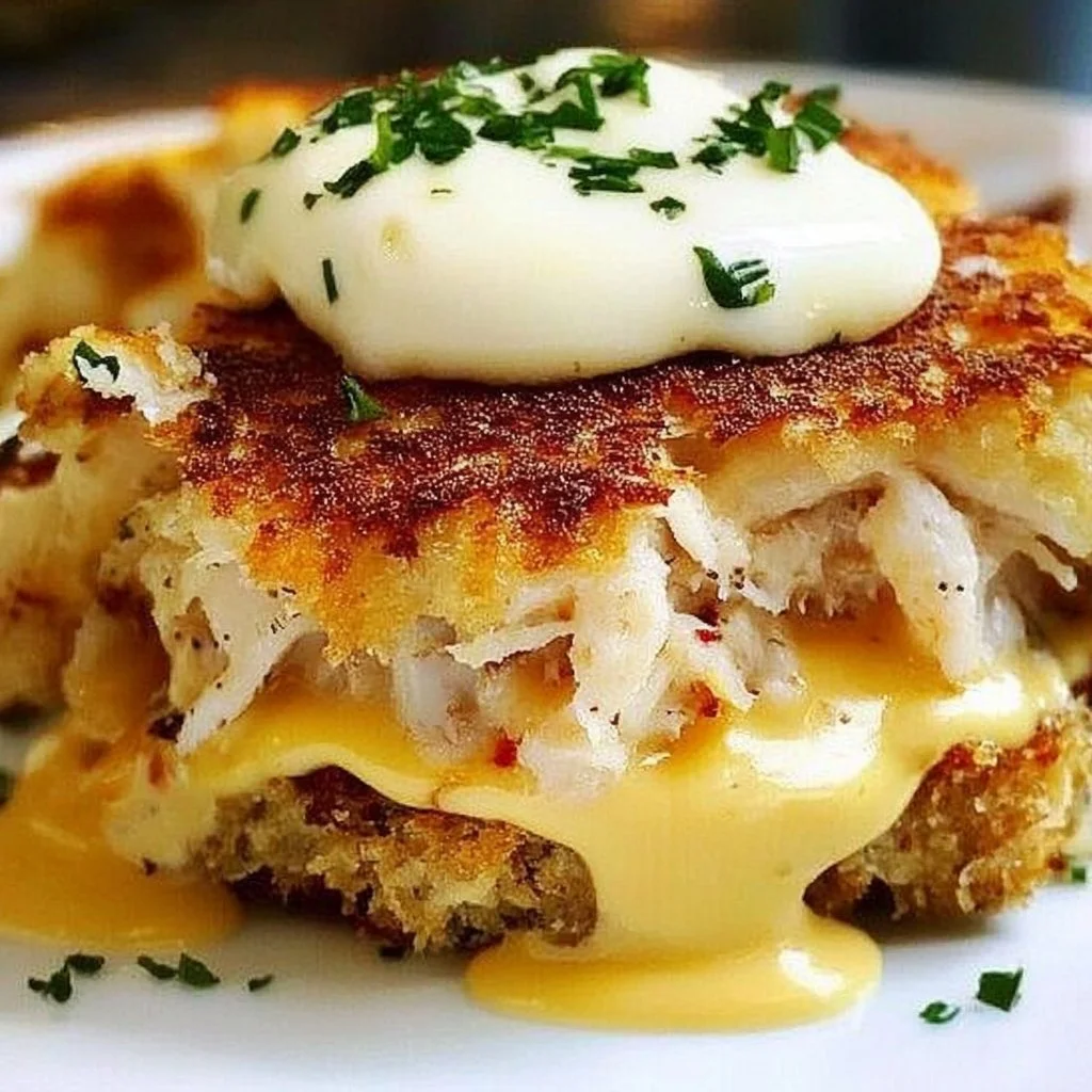 Delicious Crab Cake Benedict served on a plate with poached eggs and hollandaise sauce