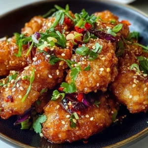 Crispy Bang Bang Chicken served with a spicy sauce on a plate