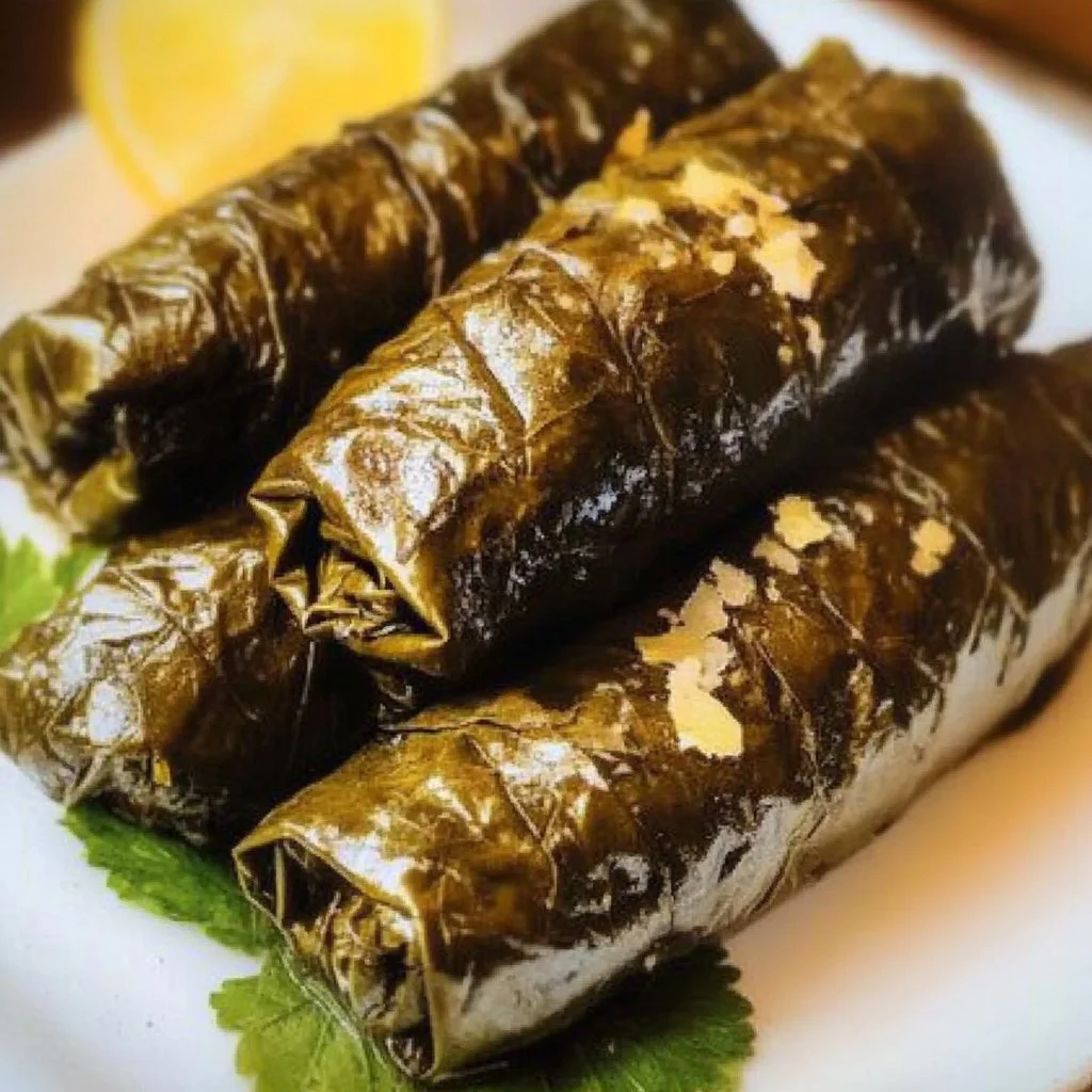 Plate of perfect dolmades - Greek stuffed grape leaves with herbs and rice.