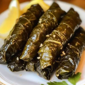 Homemade dolmades served on a plate with fresh herbs