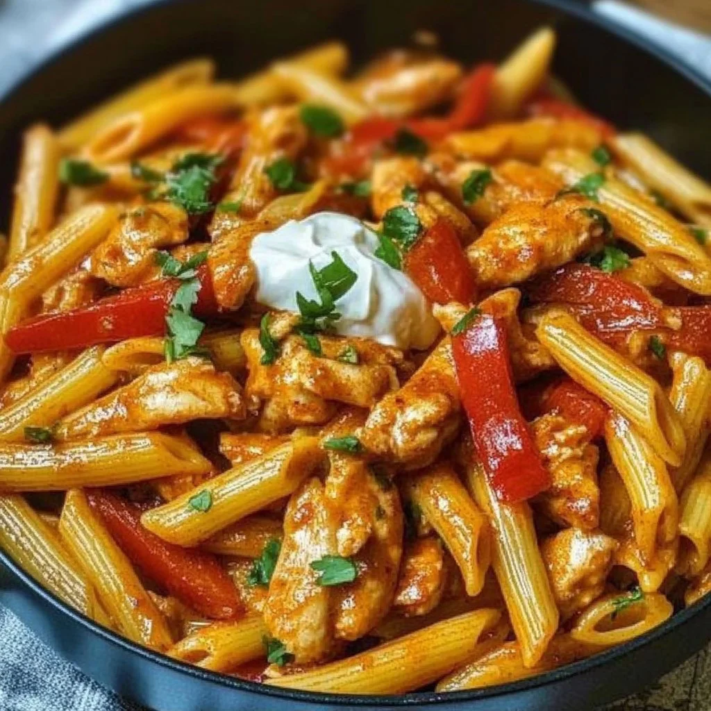 Delicious plate of fajita pasta garnished with colorful bell peppers and spices.