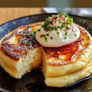Delicious fluffy Japanese pancakes stacked with syrup and berries