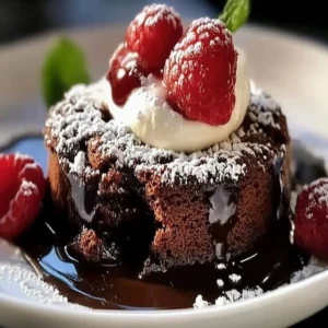 Delicious molten chocolate lava cake served with vanilla ice cream