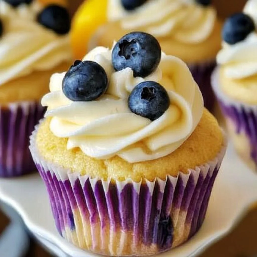 Lemon blueberry cupcakes topped with creamy frosting and fresh berries.