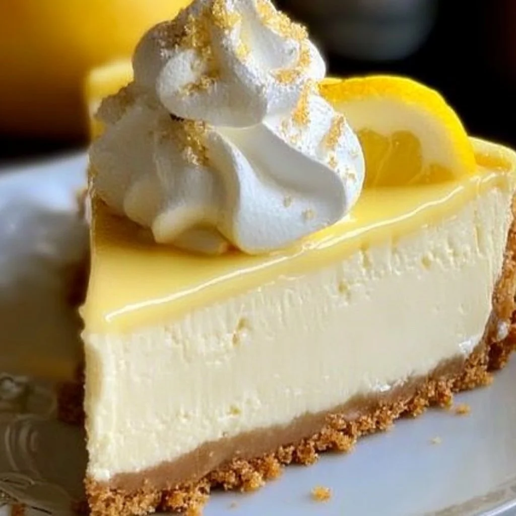 Delicious homemade lemon cheesecake topped with fresh lemon slices