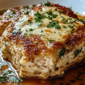 Parmesan Chicken Meatloaf topped with melted cheese and herbs on a serving plate.