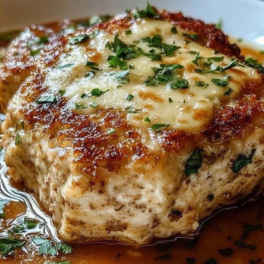 Parmesan Chicken Meatloaf topped with melted cheese and herbs on a serving plate.