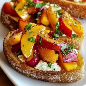 Delicious Peach Bruschetta topped with fresh peaches and herbs on toasted bread.