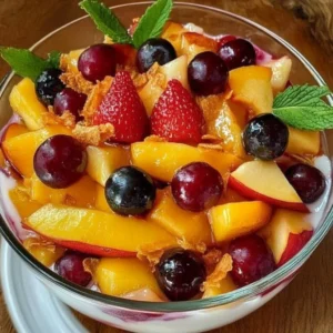 Colorful bowl of peach fruit salad with fresh fruits and mint leaves