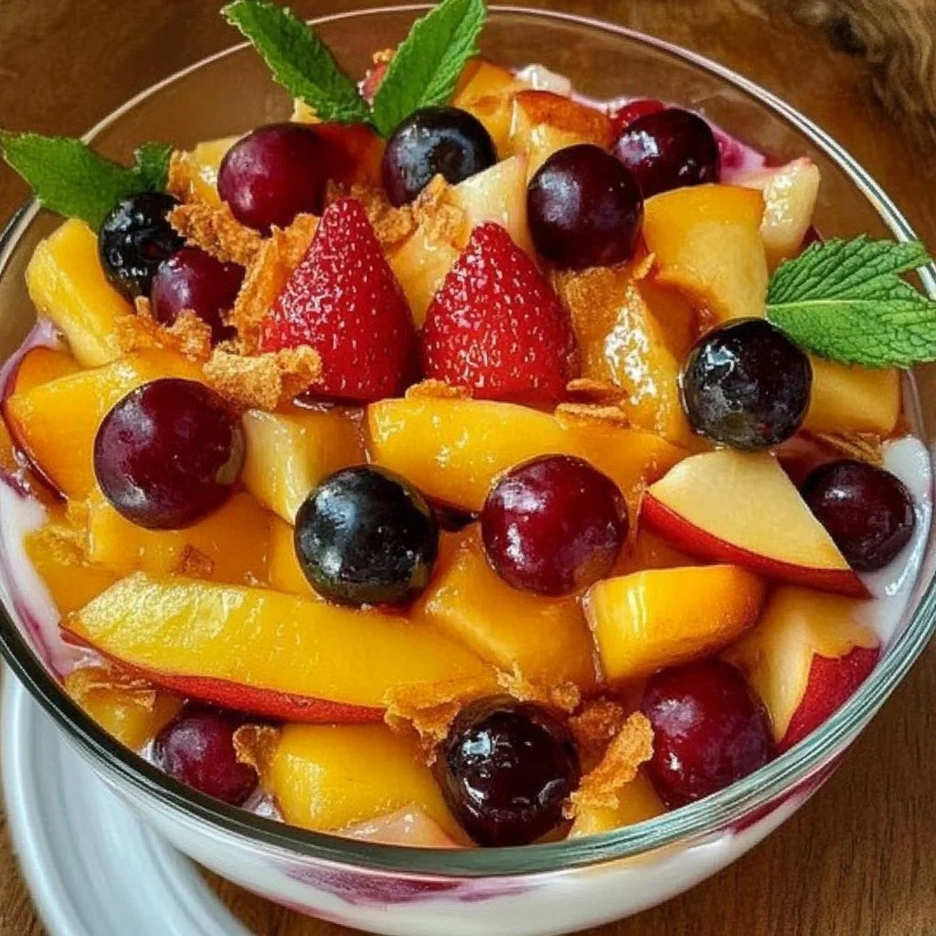 Colorful bowl of peach fruit salad with fresh fruits and mint leaves