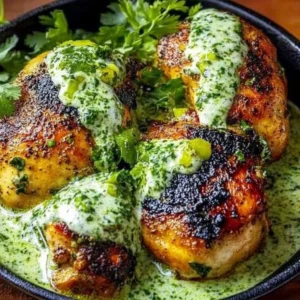 Plate of Peruvian chicken served with green sauce and garnished with herbs