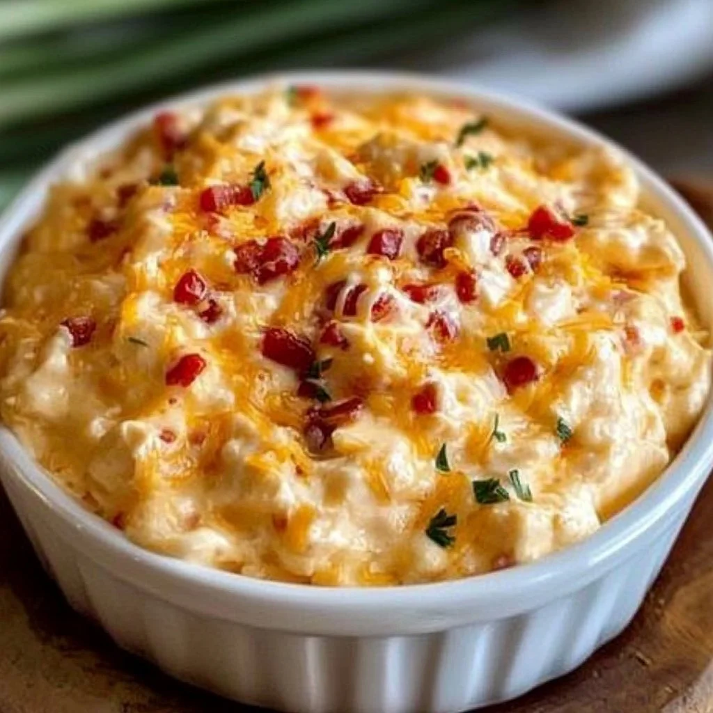 Homemade pimento cheese served on crackers and garnished with herbs.