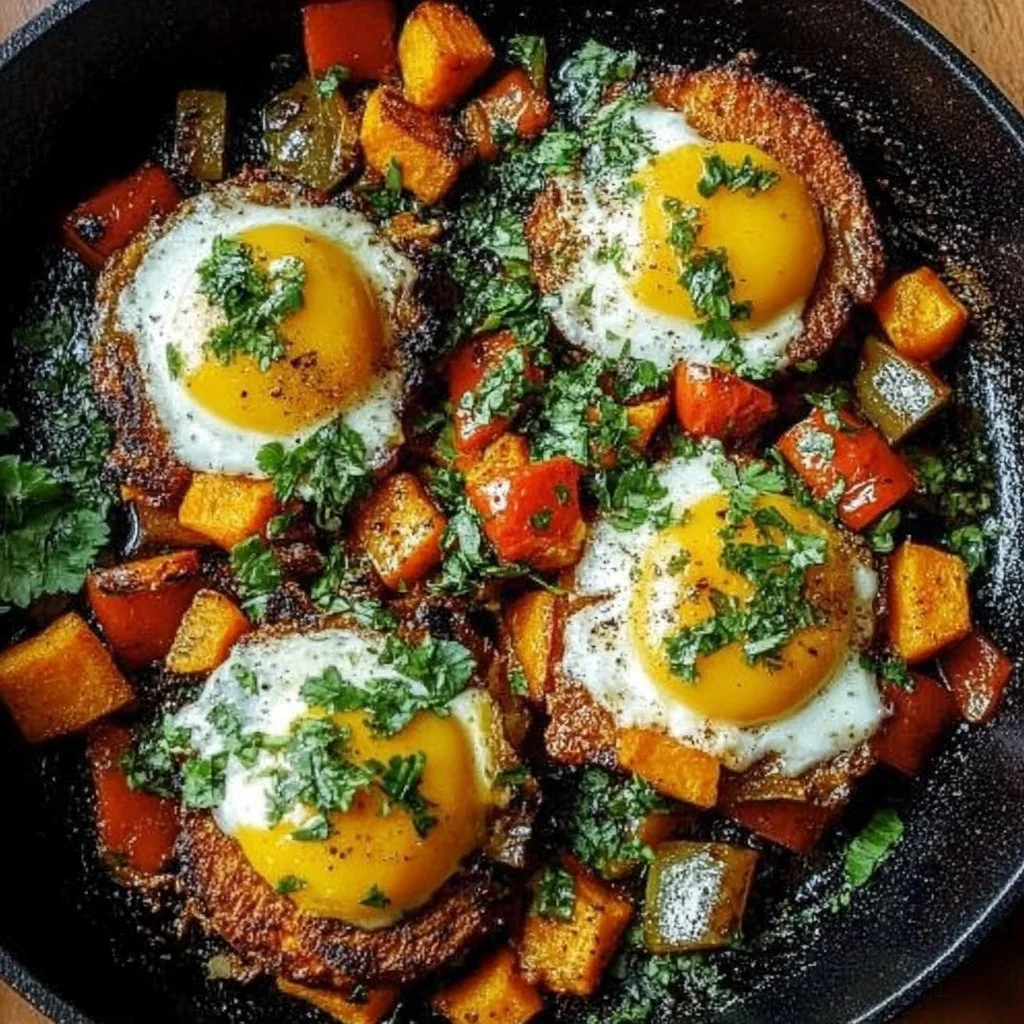 Colorful sweet potato hash with vegetables served in a skillet