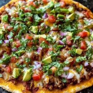 Taco Pizza topped with fresh ingredients and vibrant colors