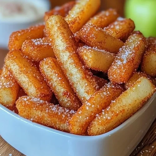 Air fryer apple fries served in a bowl with cinnamon and sugar topping