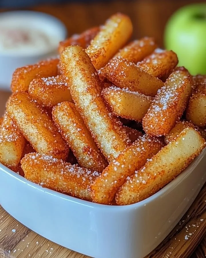 Air fryer apple fries served in a bowl with cinnamon and sugar topping