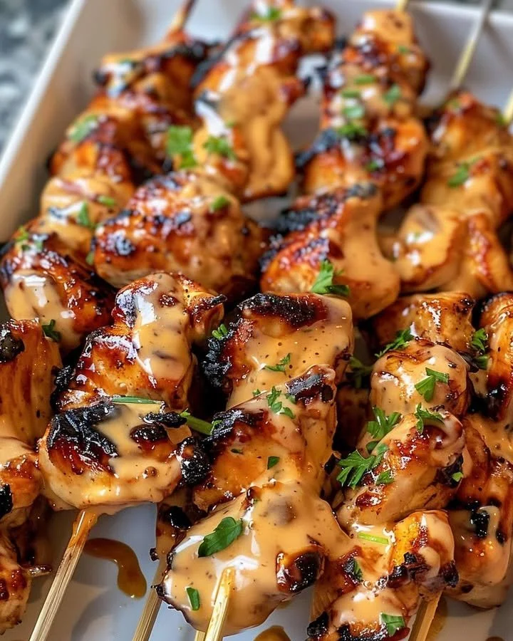 Delicious Air Fryer Bang Bang Chicken Skewers served on a plate