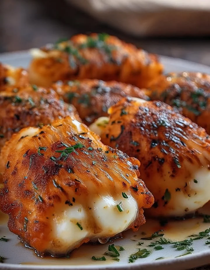 Crispy Air Fryer Buffalo Chicken Mozzarella Sticks served with dipping sauce