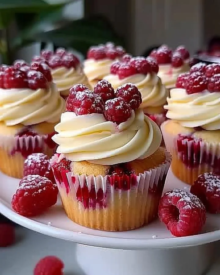 Almond wedding cake cupcakes with raspberry filling decorated for a wedding