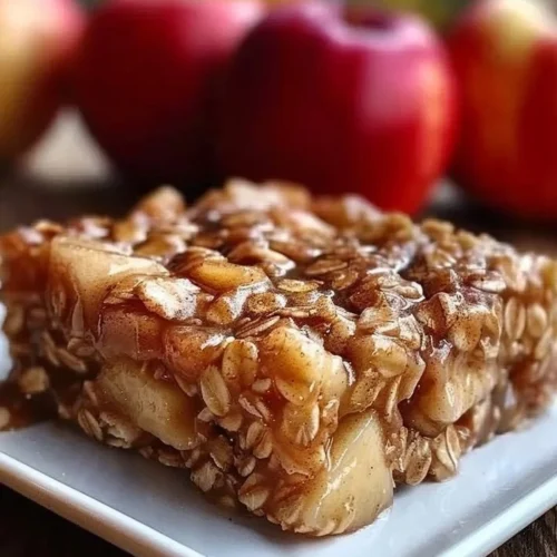 Bowl of apple cinnamon baked oatmeal topped with fresh apple slices