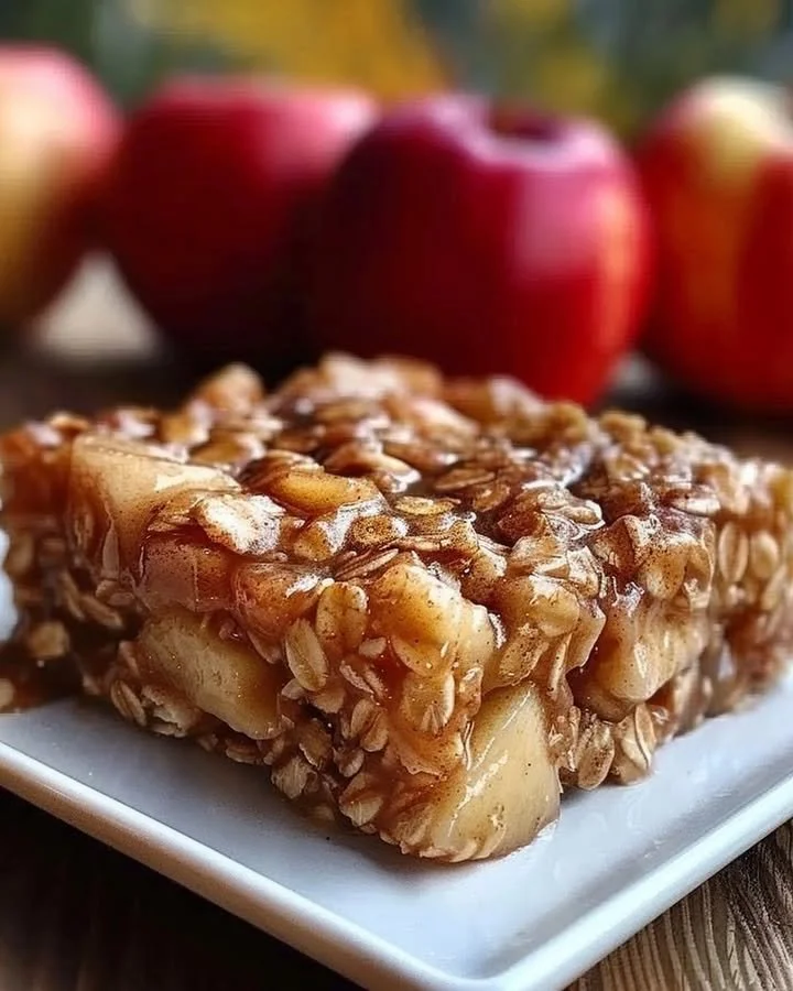 Bowl of apple cinnamon baked oatmeal topped with fresh apple slices