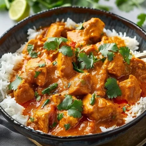 Aromatic Indian Chicken Curry with creamy coconut and colorful spices in a bowl.