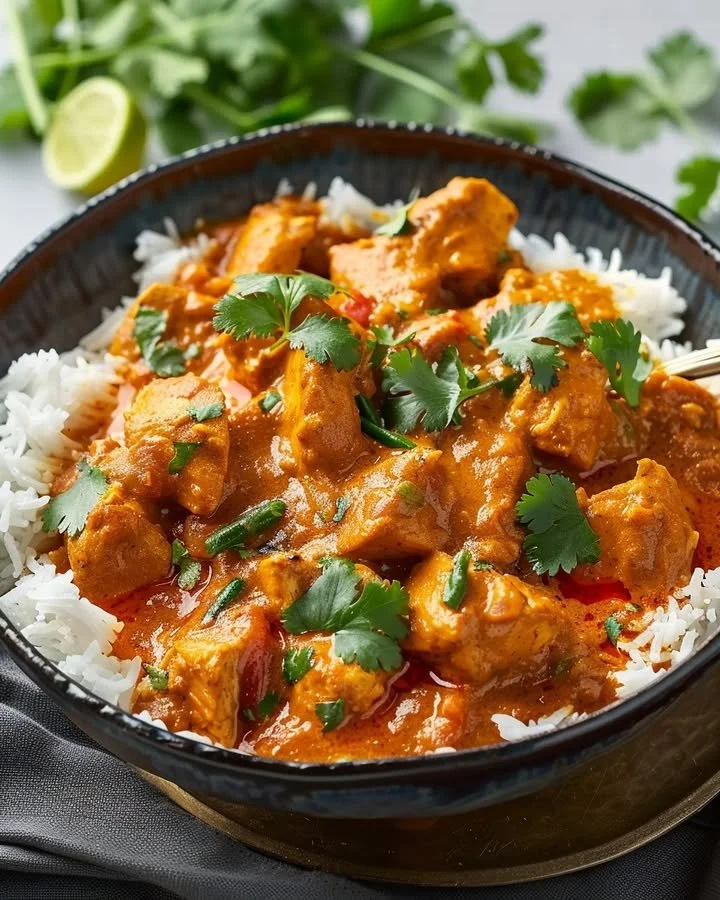 Aromatic Indian Chicken Curry with creamy coconut and colorful spices in a bowl.
