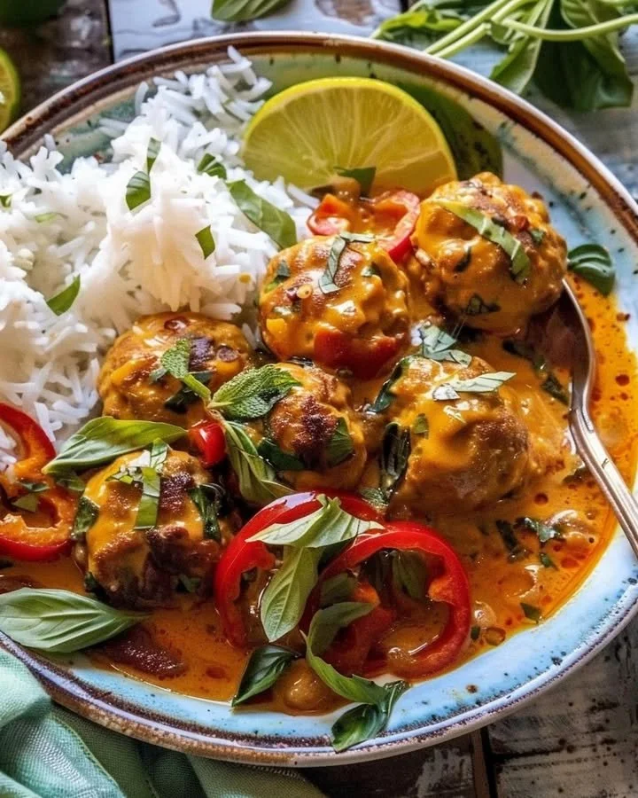 Delicious Asian-Style Chicken Meatball Curry served in a bowl with rice