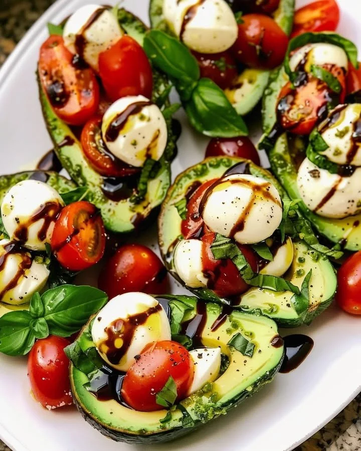 Avocado Caprese Boats with mozzarella and basil served on a plate