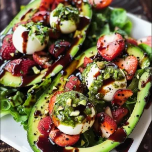 Fresh avocado strawberry salad with greens and dressing