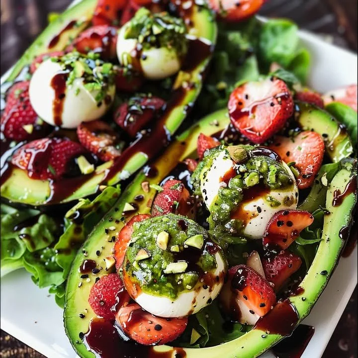 Fresh avocado strawberry salad with greens and dressing