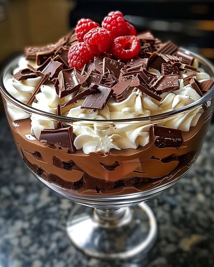 Delicious Baileys Chocolate Cheesecake Trifle layered with chocolate and cream.