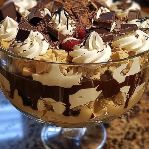 Delicious Baileys Chocolate Cheesecake Trifle layers with creamy chocolate and cheesecake.