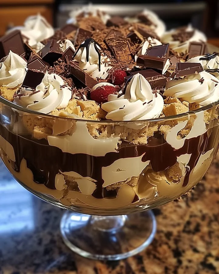 Delicious Baileys Chocolate Cheesecake Trifle layers with creamy chocolate and cheesecake.