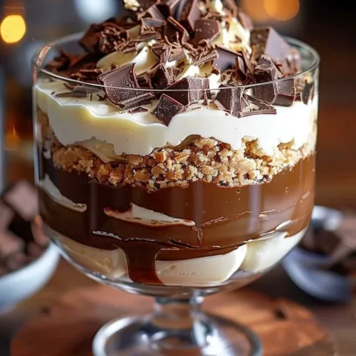 Delicious Baileys infused chocolate cheesecake trifle dessert served in a glass