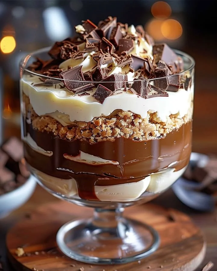 Delicious Baileys infused chocolate cheesecake trifle dessert served in a glass