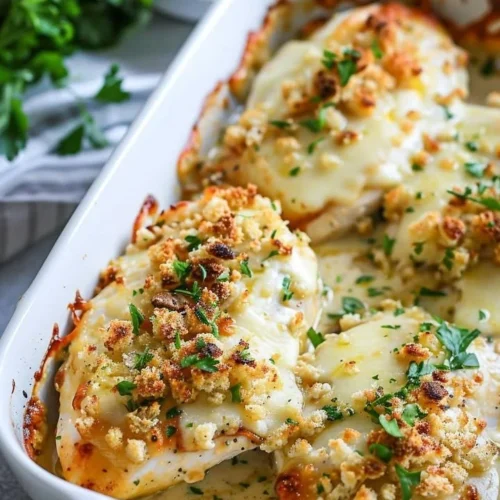 Baked Caesar Chicken with a crispy topping and fresh ingredients.