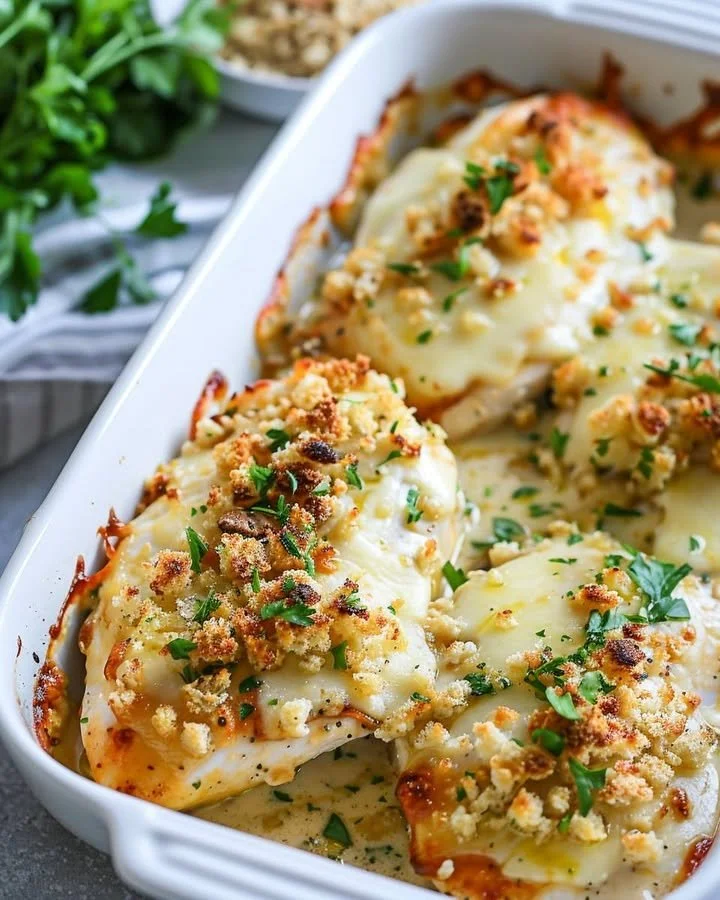 Baked Caesar Chicken with a crispy topping and fresh ingredients.
