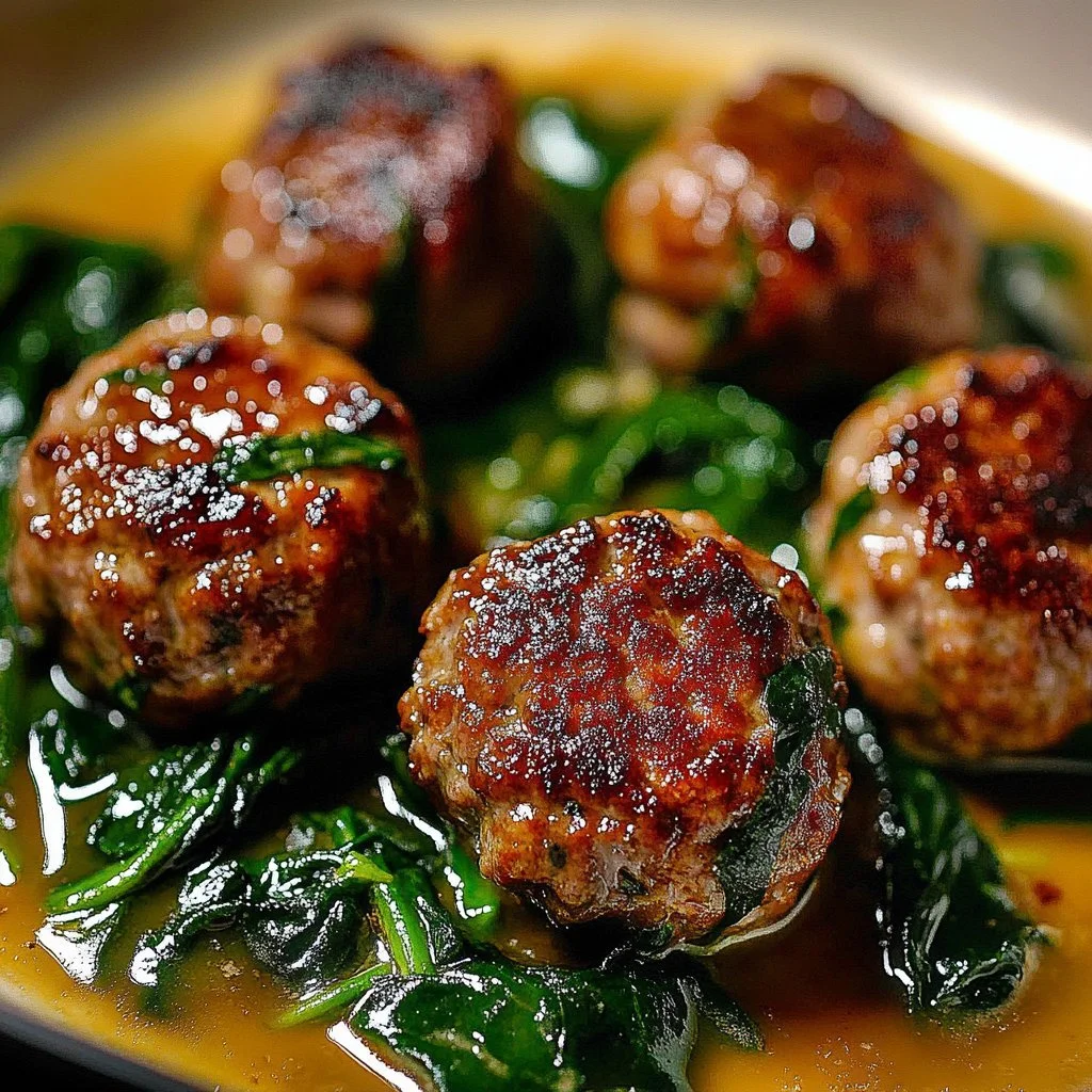 Baked chicken ricotta meatballs with spinach Alfredo sauce on a plate