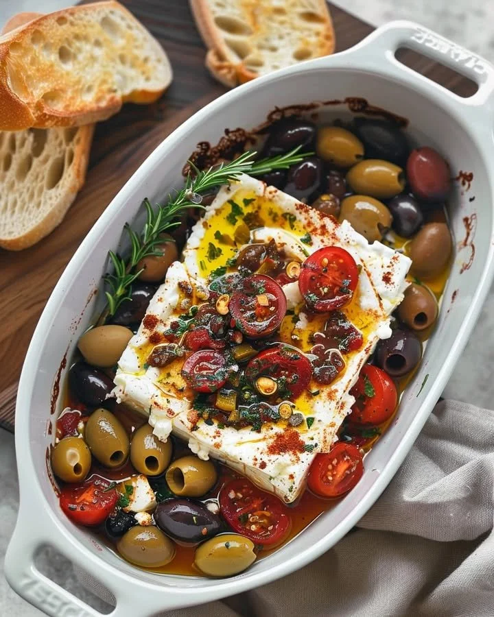 Delicious baked feta served with olives and tomatoes in a cozy dish.